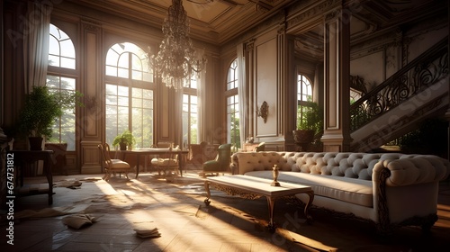 Interior of an old palace with a sofa and a coffee table