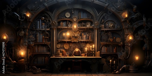 3d illustration of an old magic room with a lot of magic objects