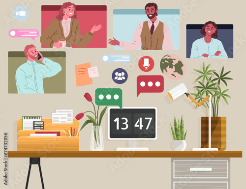 Video conference. Vector illustration. The modern network enables online video conferences with ease The video conference metaphorically bridges gap between distance and interaction Technology