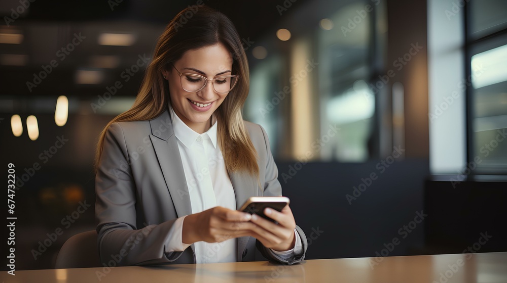 happy female professional in elegant suit checking new financial information through an app on a smartphone at cafe. generative AI