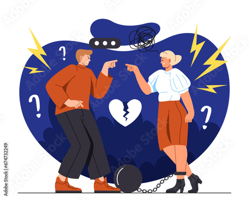 Toxic relationship concept. Man and woman scream at each others. Bad relations between young couple or pair. Frustration and depression, negative emotions. Cartoon flat vector illustration