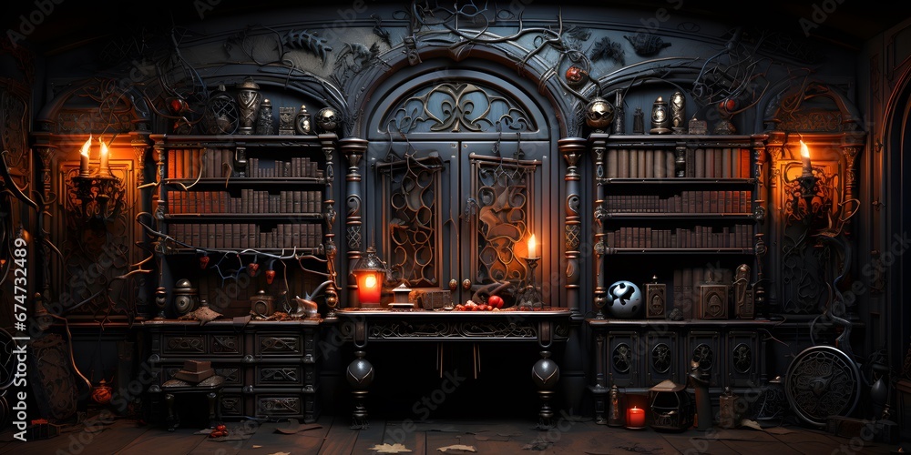 Abandoned library with books and candles. Halloween concept. 3D Rendering