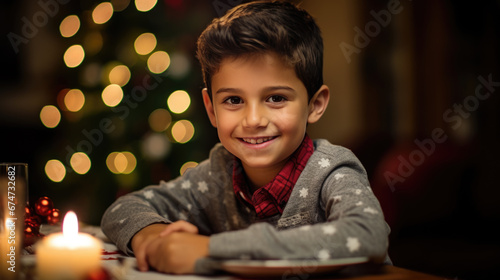 Cheerful boy in a red sweater is smiling at the Christmas dinner table, with lit candles and a decorated tree in the background, contributing to a festive atmosphere. © MP Studio