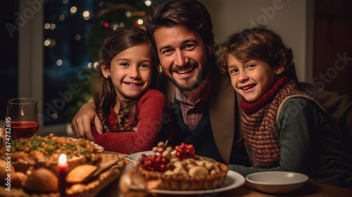 Family enjoying a warm  festive Christmas dinner together  with children smiling  candles glowing  and a decorated Christmas tree in the background.