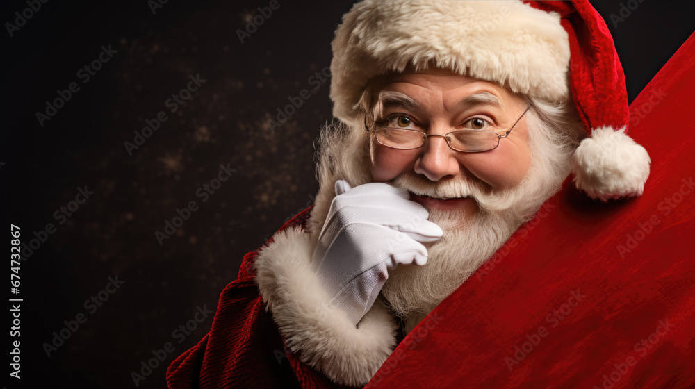 A joyful Santa Claus peeking out from behind a red backdrop, wearing his traditional red and white suit, hat, and glasses, with a merry expression on his face. A joyful Santa Claus peeking out from behind a red backdrop, wearing his traditional red and white suit, hat, and glasses, with a merry expression on his face.