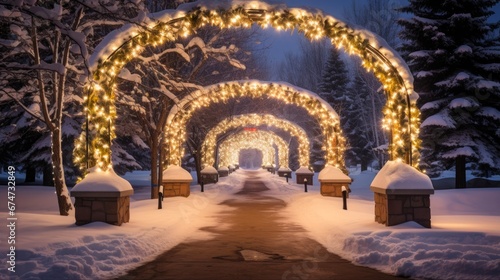 Close-Up: Christmas Lights Arch Over Snowy Walkway in Jackson Hole Resort photo