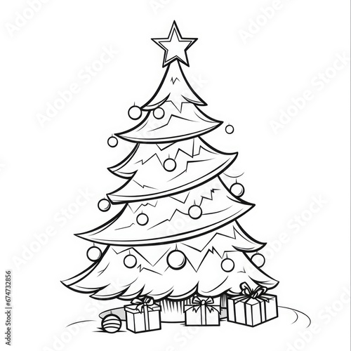 Christmas Tree Coloring Book: Cartoon Christmas Tree with Ornaments and Gifts. Coloring Page for Kids.