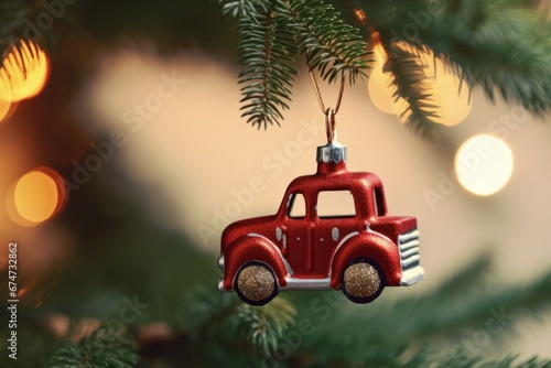Christmas Tree Pickup: Red Car with Festive Bokeh. Celebrate Christmas with Closeup of Heart Shaped Christmas Ornaments Hanging on Tree.
