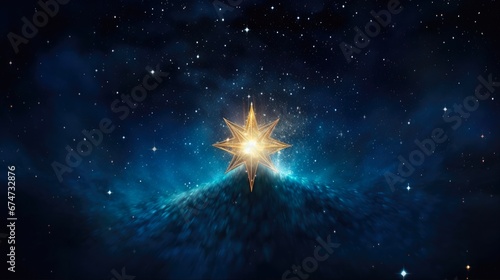 Christmas Star Manger: Nativity of Jesus Christ in Bethlehem. Dark Blue Starry Sky with Bright Star in Background