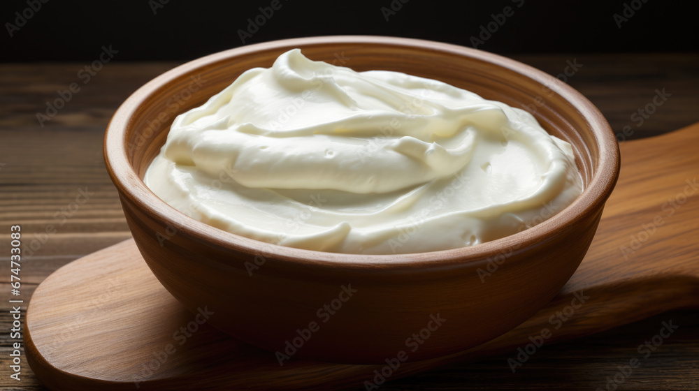 A luscious, smooth white cream is showcased in a wooden bowl, highlighting its glossy texture and rich consistency. A luscious, smooth white cream is showcased in a wooden bowl, highlighting its glossy texture and rich consistency.