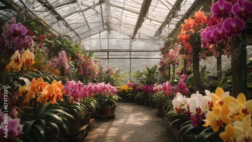 An exotic orchid greenhouse with rare and colorful orchid species in various stages of bloom.