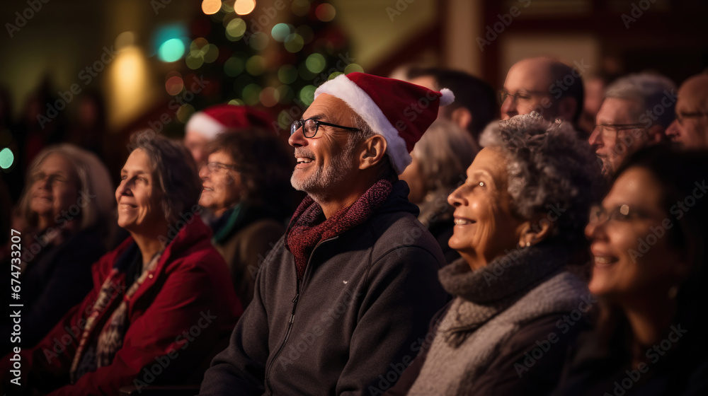 Obraz premium A joyful audience of adults wearing Santa hats and winter clothing, smiling and looking up with expressions of happiness and excitement, gathered indoors possibly during a Christmas event