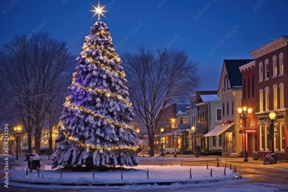 Christmas Small Town: Quaint Gettysburg, Pennsylvania. Decorated Tree Illuminated in Historic Town Square. Winter Scenic Holiday Night.