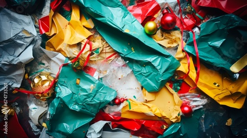 Christmas Trash: Colorful Closeup of Discarded Wrapping Paper Pile, Creating a Messy Decorative Celebration photo