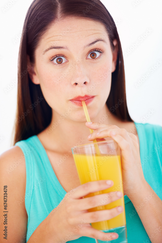 Shock, drinking and portrait of woman with juice for nutrition, wellness and hydration in studio. Surprise, comic and face of person with fruit blend for vitamins, detox and diet on white background Shock, drinking and portrait of woman with juice for nutrition, wellness and hydration in studio. Surprise, comic and face of person with fruit blend for vitamins, detox and diet on white background