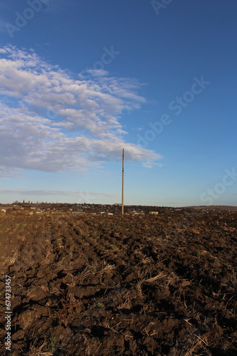 A large field with a tall pole