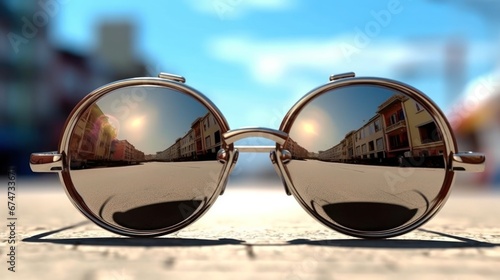 photo of sunglasses against the backdrop of a city street on a sunny day .travel concept © Margo_Alexa