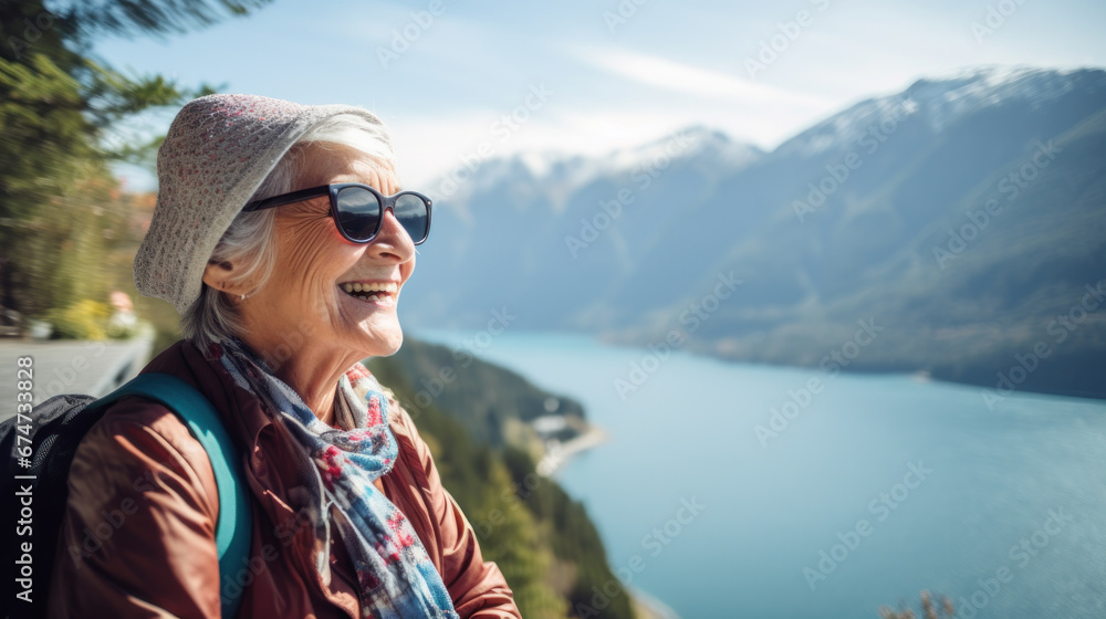 Portrait of a senior woman wearing sunglasses looking away and arms crossed with a smile while standing beside the lake with mountains background. Aged people, journey and holiday concept.