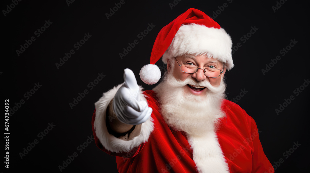 Naklejka premium Santa Claus in his iconic red and white attire is joyfully pointing forward with a warm, inviting smile, embodying the spirit of Christmas.