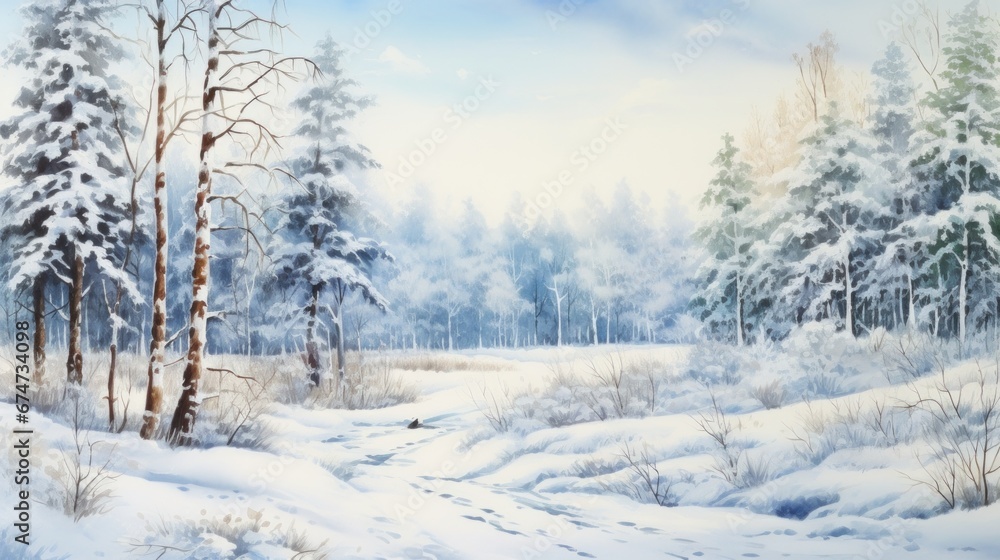A painting of a snowy landscape with trees A painting of a snowy landscape with trees