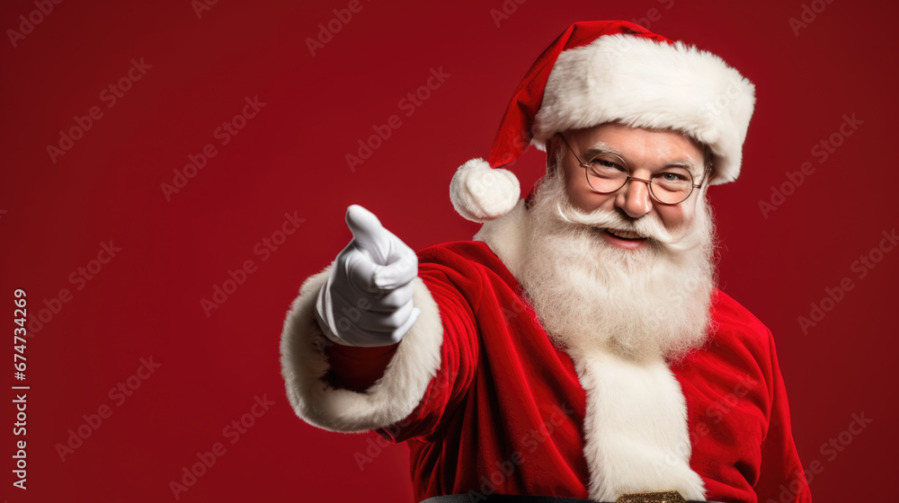 Santa Claus in his iconic red and white attire is joyfully pointing forward with a warm, inviting smile, embodying the spirit of Christmas. Santa Claus in his iconic red and white attire is joyfully pointing forward with a warm, inviting smile, embodying the spirit of Christmas.