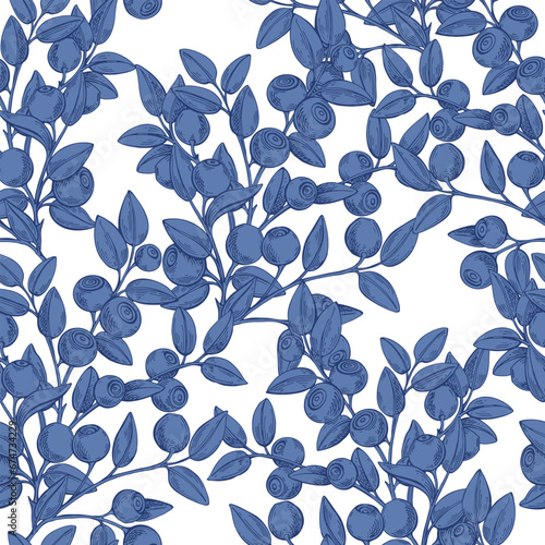 Blueberry. Seamless vector pattern with wild berries on a white background. Perfect for design templates, wallpaper, wrapping, fabric, print and textile.