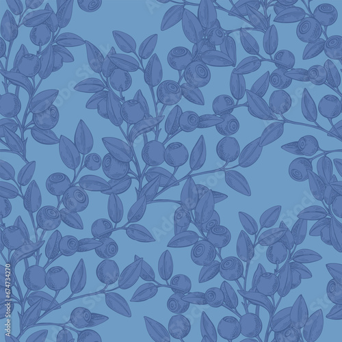Blueberry.  Seamless vector pattern with wild berries on blue background. Perfect for design templates, wallpaper, wrapping, fabric, print and textile.