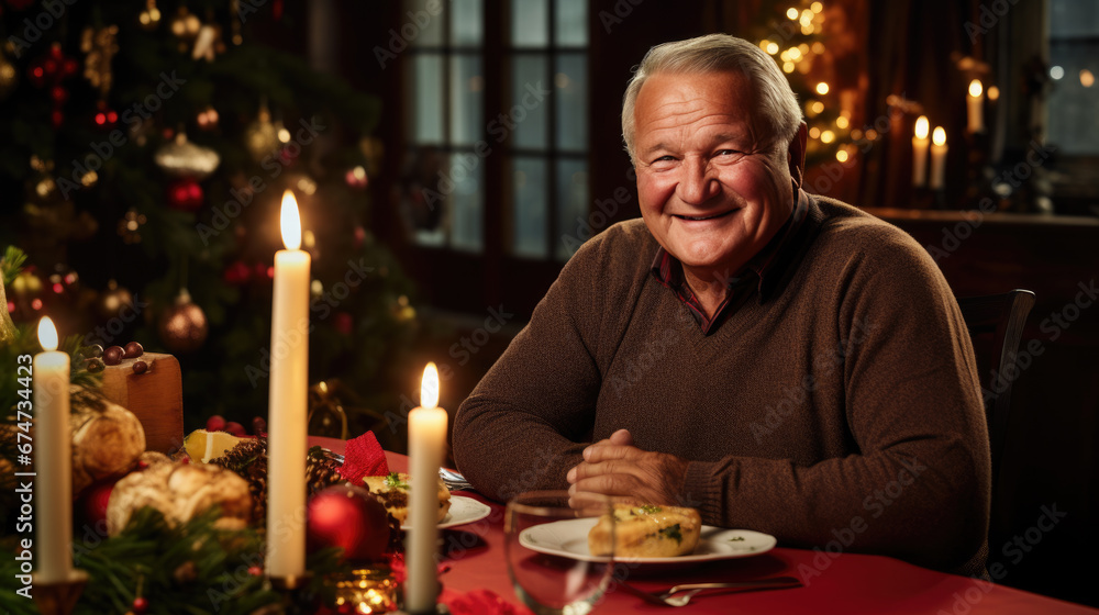 Elderly man smiling at a Christmas dinner table, with a decorated tree in the background and holiday decorations on the table Elderly man smiling at a Christmas dinner table, with a decorated tree in the background and holiday decorations on the table