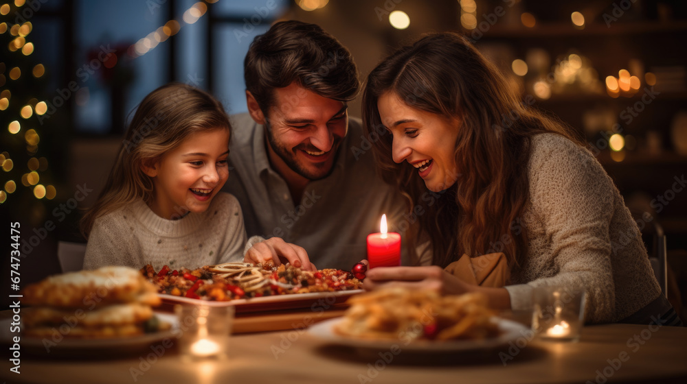 Family enjoying a warm, festive Christmas dinner together, with children smiling, candles glowing, and a decorated Christmas tree in the background.