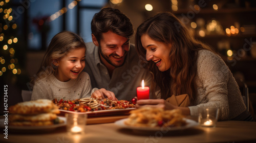 Family enjoying a warm  festive Christmas dinner together  with children smiling  candles glowing  and a decorated Christmas tree in the background.