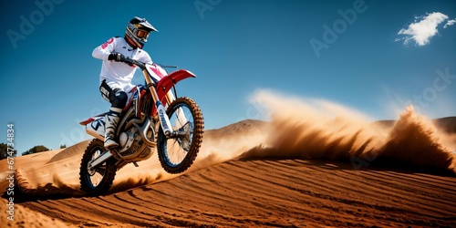 Man on motocross bike in motion wide image photo