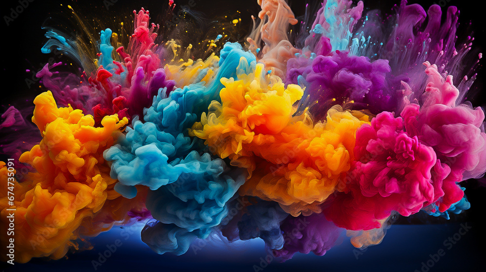 explosion of colored paints on a black background, background, space for text explosion of colored paints on a black background, background, space for text
