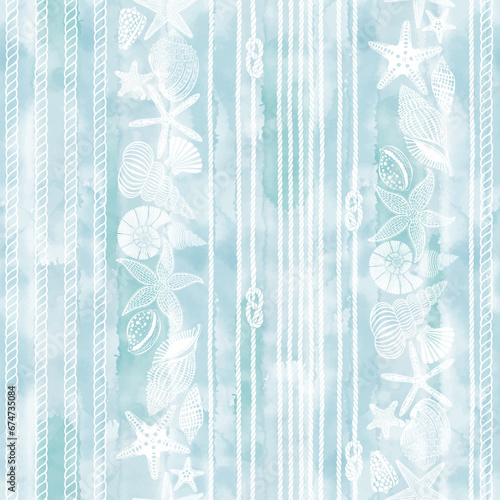 Seamless pattern on the marine theme with starfish, seashells, rope, knots on blue watercolor background. Vector. Perfect for design templates, wallpaper, wrapping, fabric and textile.