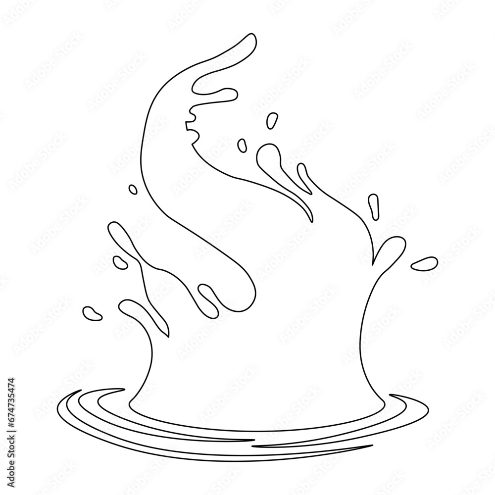 Water and juice splash liquide. One line stroke outline vector