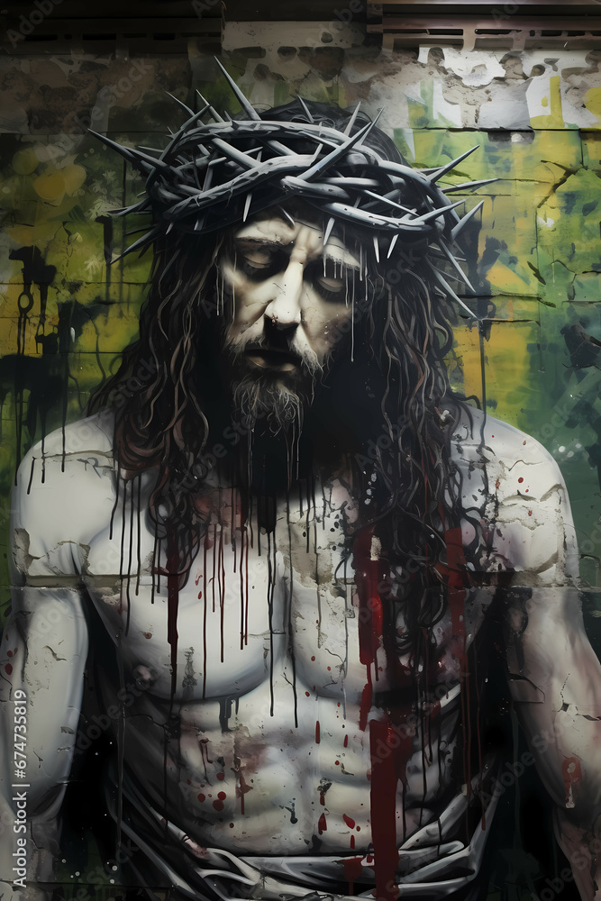 Graffiti painting of Jesus Christ wearing crown of thorns spray paint wall
