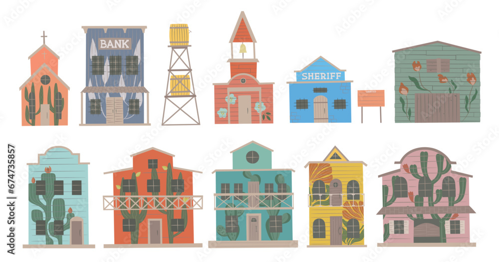 Wild west town houses set. Western bright floral graffities wood buildings Wild west town houses set. Western bright floral graffities wood buildings