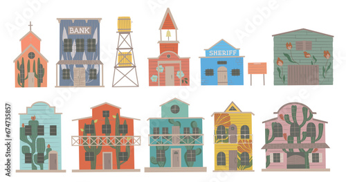 Wild west town houses set. Western bright floral graffities wood buildings