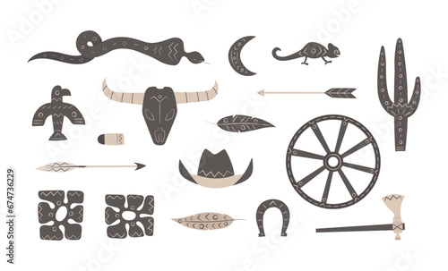Ethnic boho aztec elements set. Western ethnic shapes of wheel, bird, snake, flowers, moon © Purrga