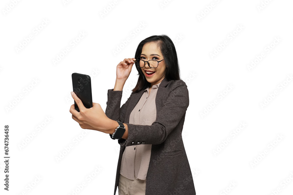 Beautiful Young Asian Businesswoman Using Phone Cutout Isolated Background Beautiful Young Asian Businesswoman Using Phone Cutout Isolated Background