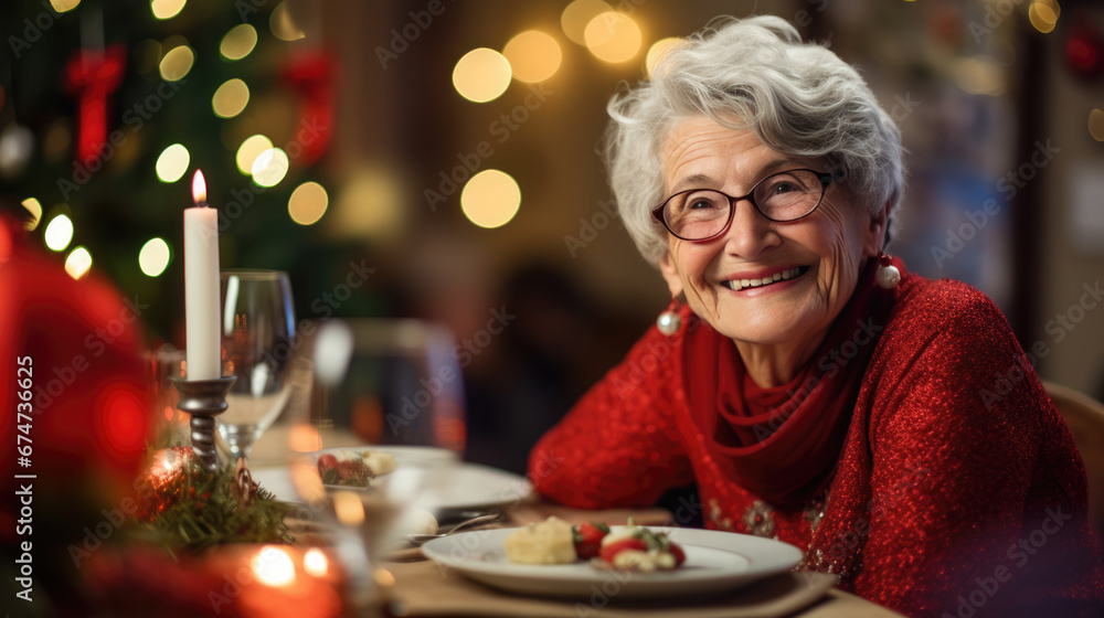 Elderly woman with a joyful smile is seated at a festive Christmas dinner table, adorned with candles and decorations, wearing a sweater and glasses.