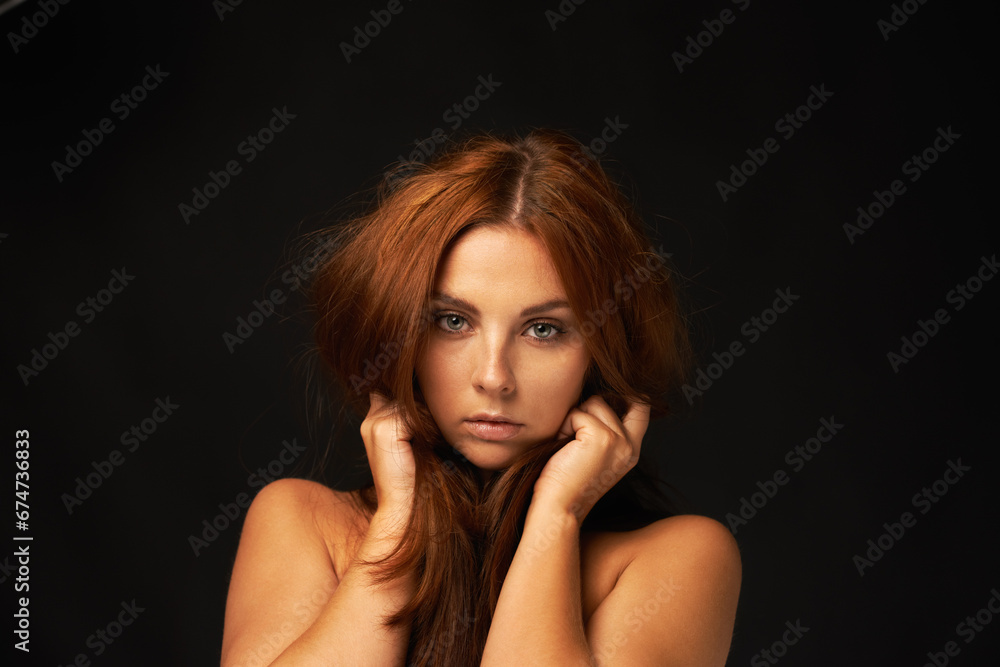 Hair care, portrait or woman with problem, damage or bad results for mockup space in studio alone. Black background, model or face of a serious person with keratin, messy texture or natural textures Hair care, portrait or woman with problem, damage or bad results for mockup space in studio alone. Black background, model or face of a serious person with keratin, messy texture or natural textures
