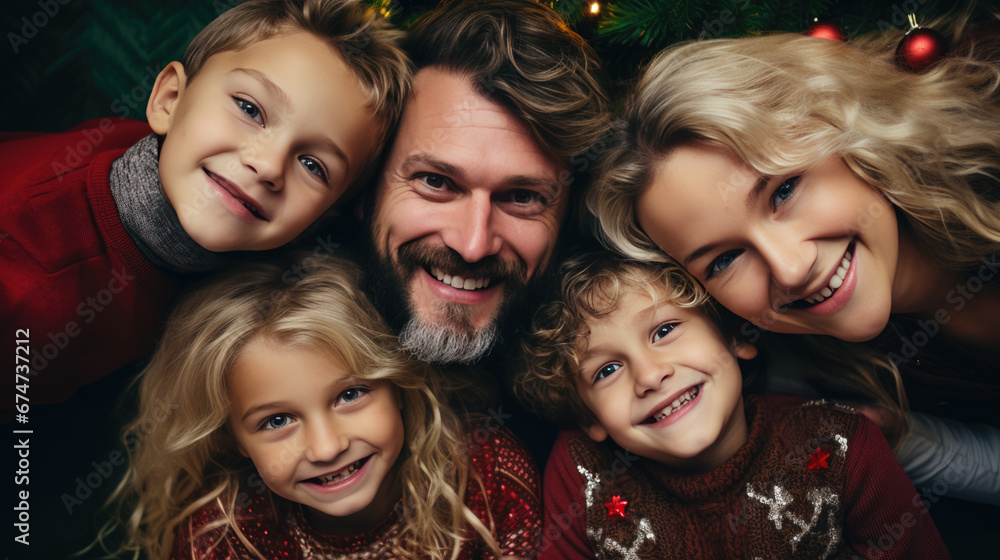 Fototapeta premium A joyful group of children and a man lying head to head in a circle and smiling