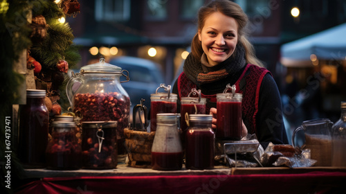 A smiling woman at an outdoor Christmas fair stand at night  surrounded by warm bokeh lighting