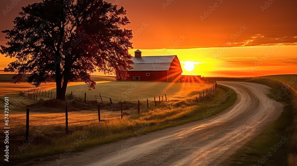 Fototapeta premium outdoor sunshine evening country landscape illustration nature sun, meadow sun, morning sky outdoor sunshine evening country landscape
