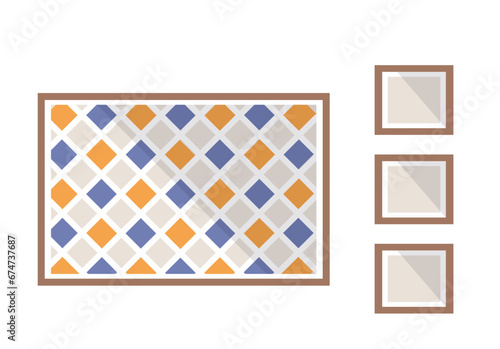 Photo frame on wall in flat style isolated on background. Blank picture frame vector illustration. House interior design elements. Decoration, framed picture. Art of drawing, painting or photography