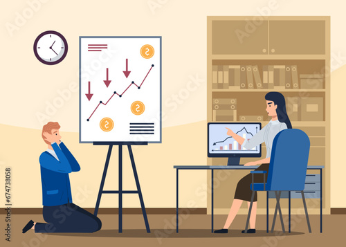 Financial crisis, business failure, economy crash, bankruptcy unpaid loan debt. Down arrow, negative chart, man upset about losing profits. Global economic money problem, depressed entrepreneur