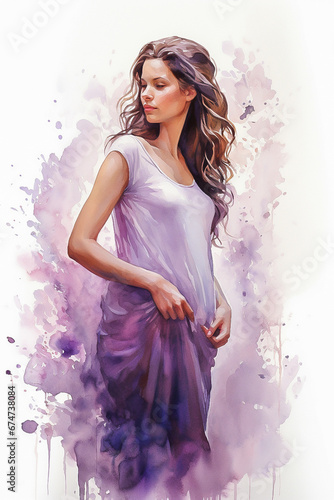 pregnant girl, watercolor drawing, purple tones