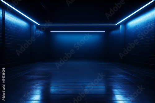 Empty dark blue room. illuminated blue neon light and spotlights. Generative AI