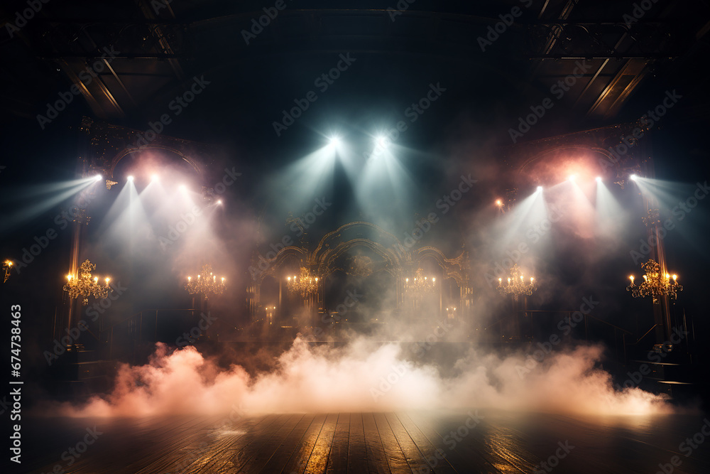 Obraz premium Theater stage or concert stage with thin smoke illuminated with spotlights. Generative AI