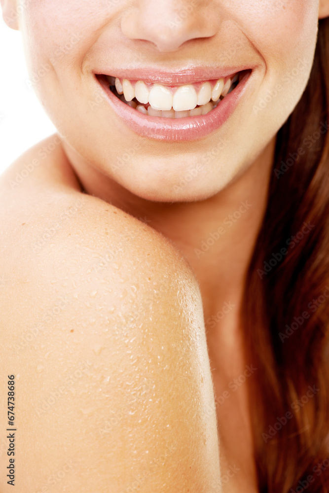 Obraz premium Closeup, mouth or woman with teeth, smile or dental care with wellness, hygiene or breathing. Person, girl or model with oral health, happiness or dentist treatment with beauty, shine or shoulder